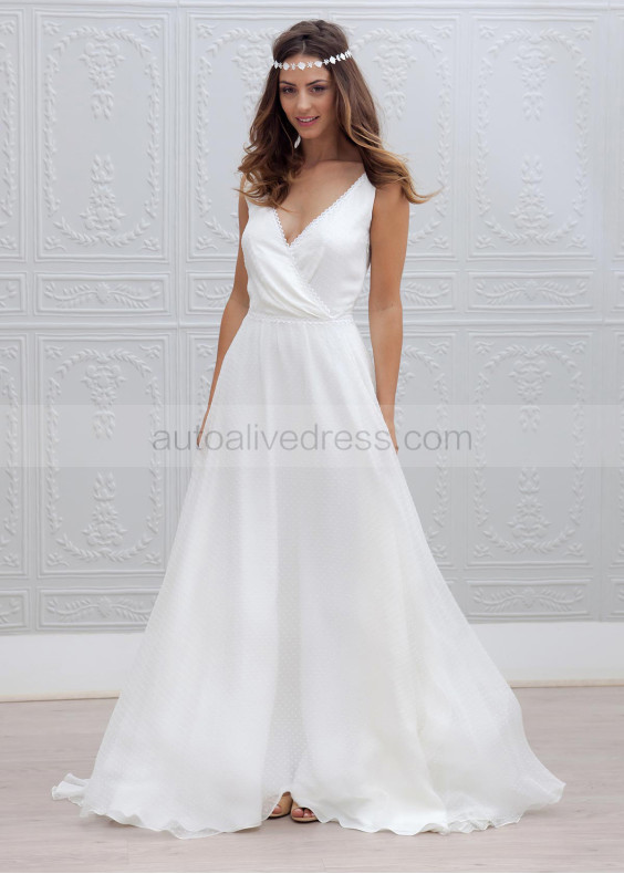 Ivory Polka Dot Chiffon V Back Long Sweet Wedding Dress  